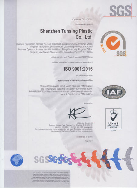 Çin Shenzhen Tunsing Plastic Products Co., Ltd. Sertifikalar
